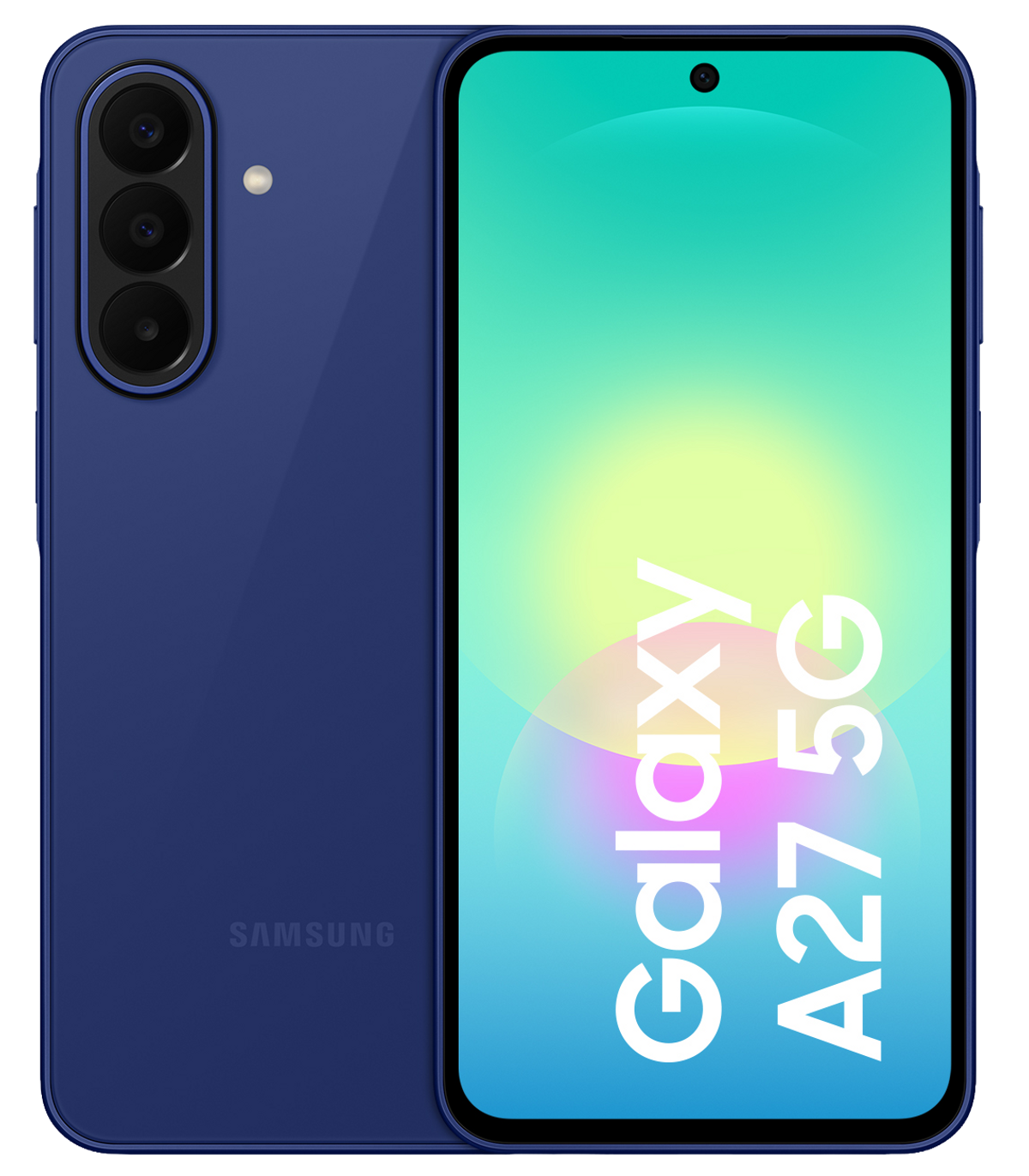 Un telefono Samsung Galaxy A27 5G blu navy, mostrato da dietro e da davanti, su sfondo nero.