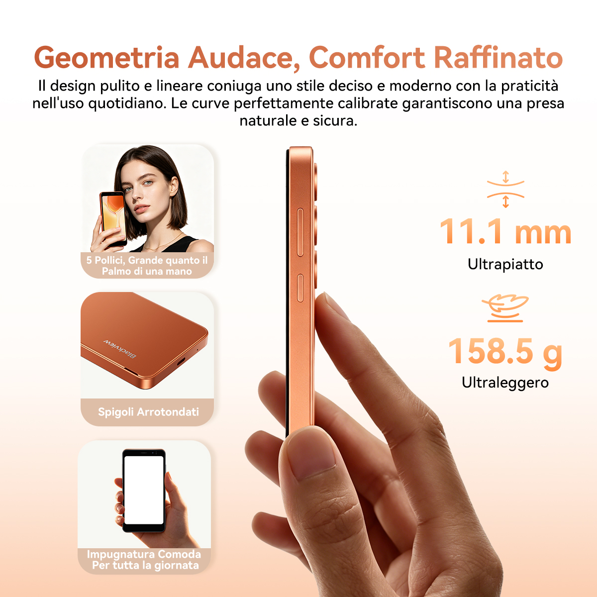 Profilo arancione smartphone tenuto in mano. Design sottile e leggero.