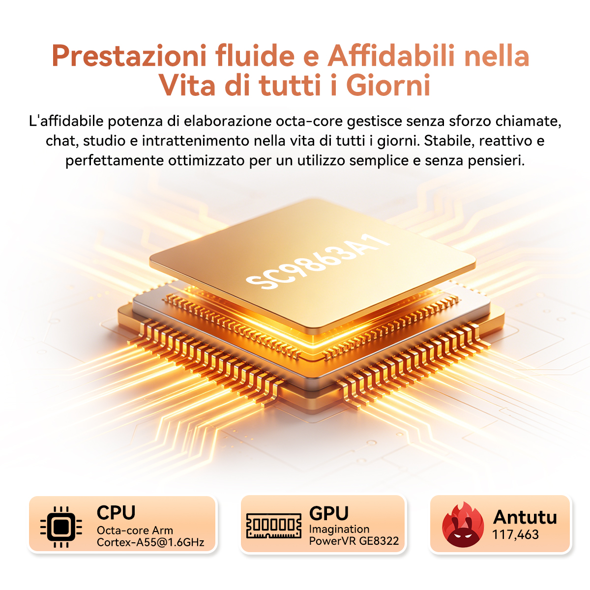 Un microchip dorato etichettato "SC9863A1" si illumina su una scheda di circuito, con testo su CPU, GPU e punteggi Antutu sotto.