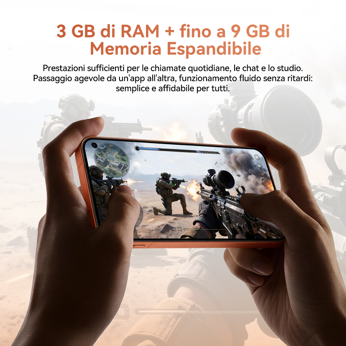 Mani tengono uno smartphone arancione che mostra un gioco sparatutto in prima persona con soldati in un paesaggio desertico.