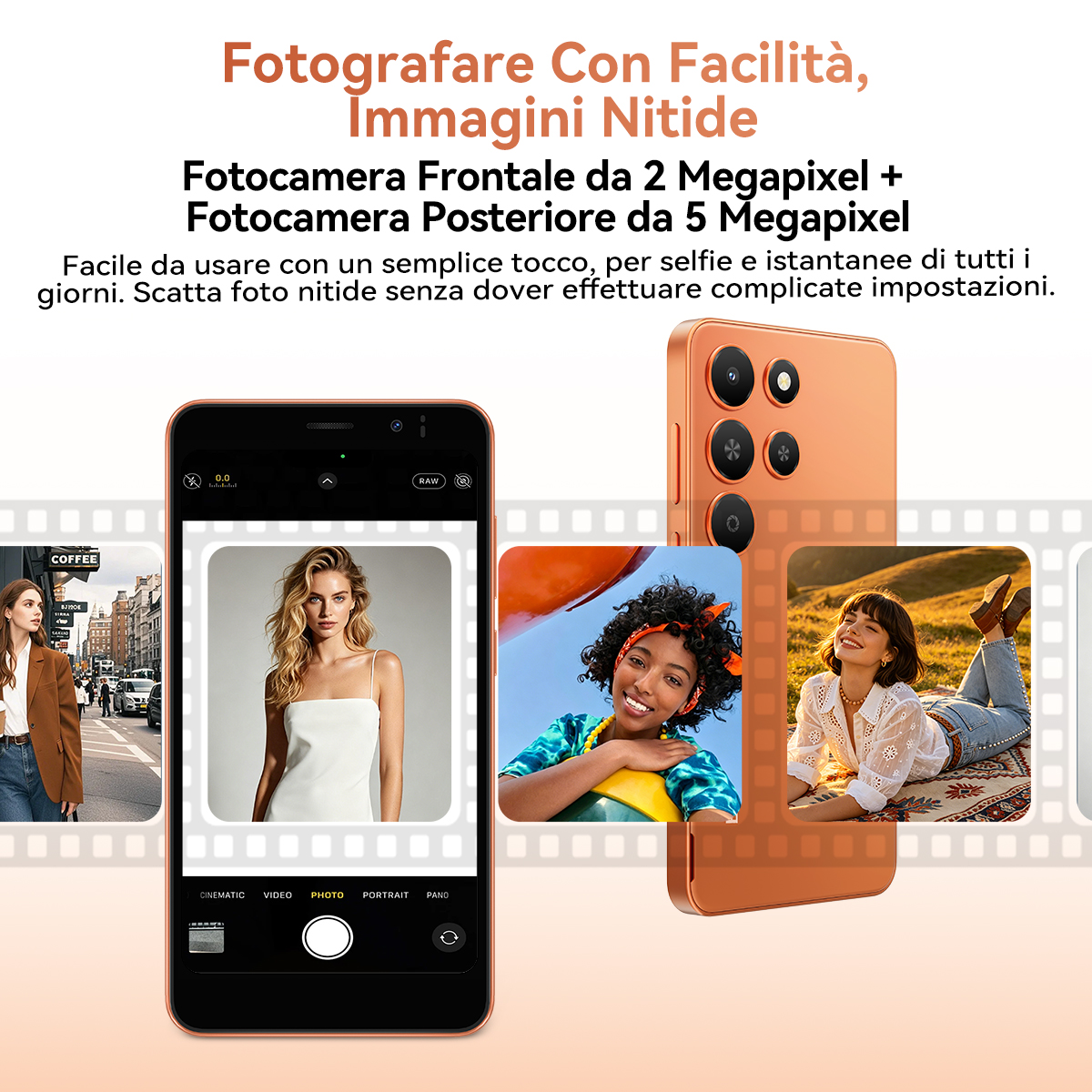 Uno smartphone mostra la foto di una donna, con altre foto e un telefono arancione sullo sfondo, promuovendo le funzionalità della fotocamera.