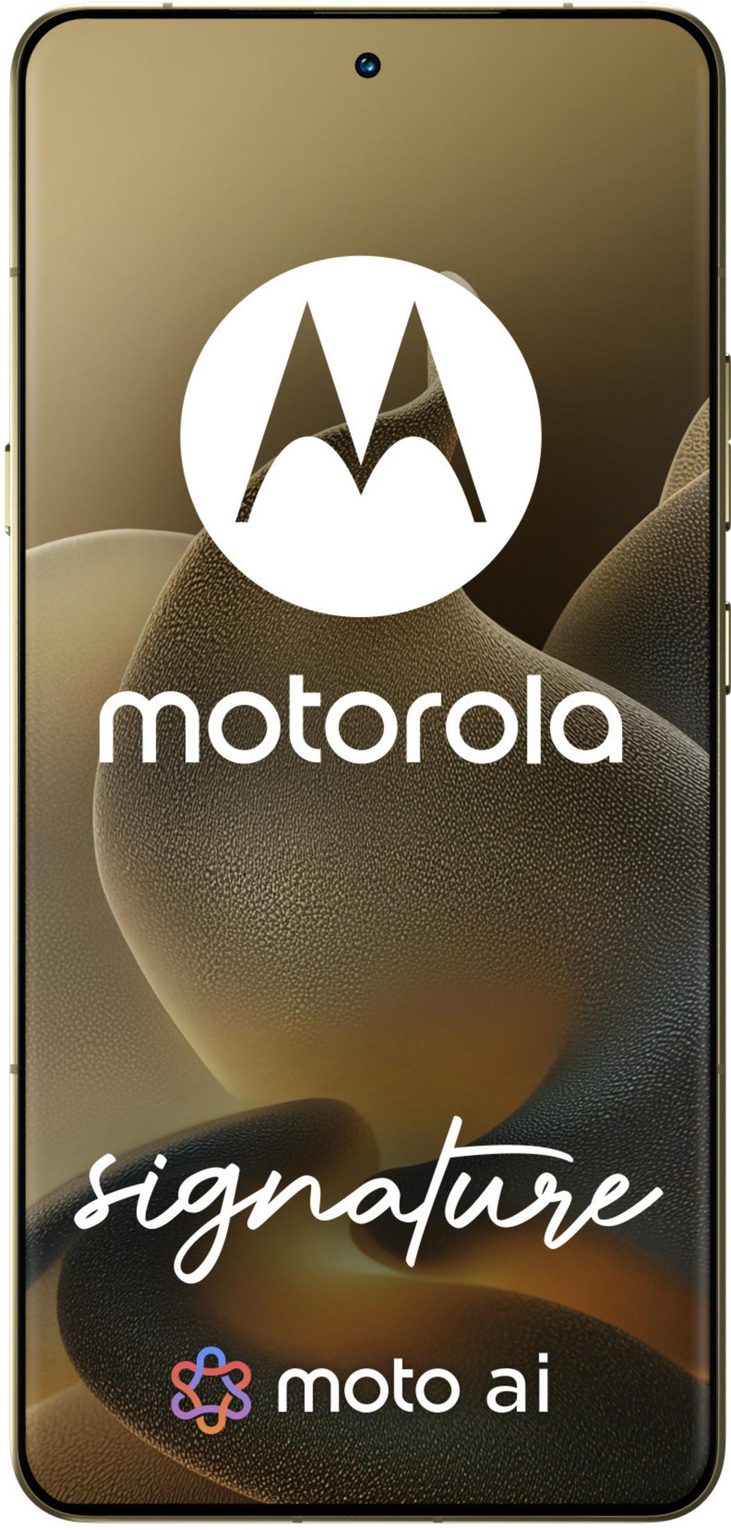Uno smartphone Motorola mostra il logo Motorola, "motorola", "signature" e "moto ai" su uno sfondo dorato testurizzato.