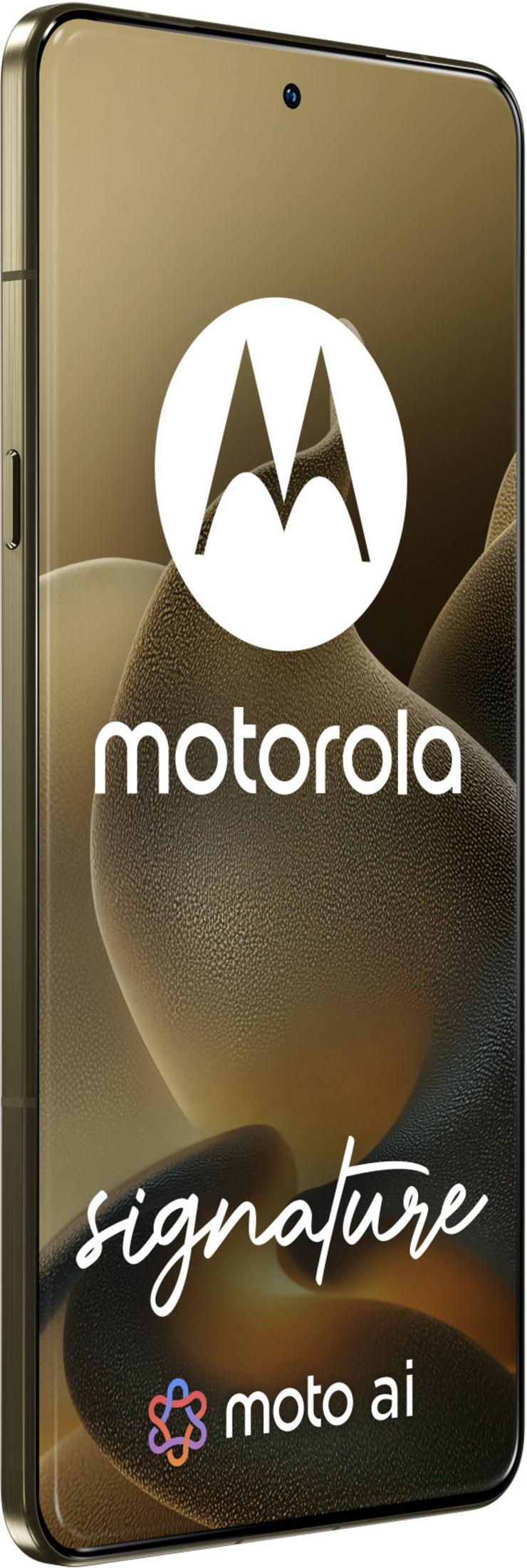 Uno smartphone Motorola color oro con uno sfondo testurizzato oro e nero, con il logo Motorola e la scritta "signature moto ai".