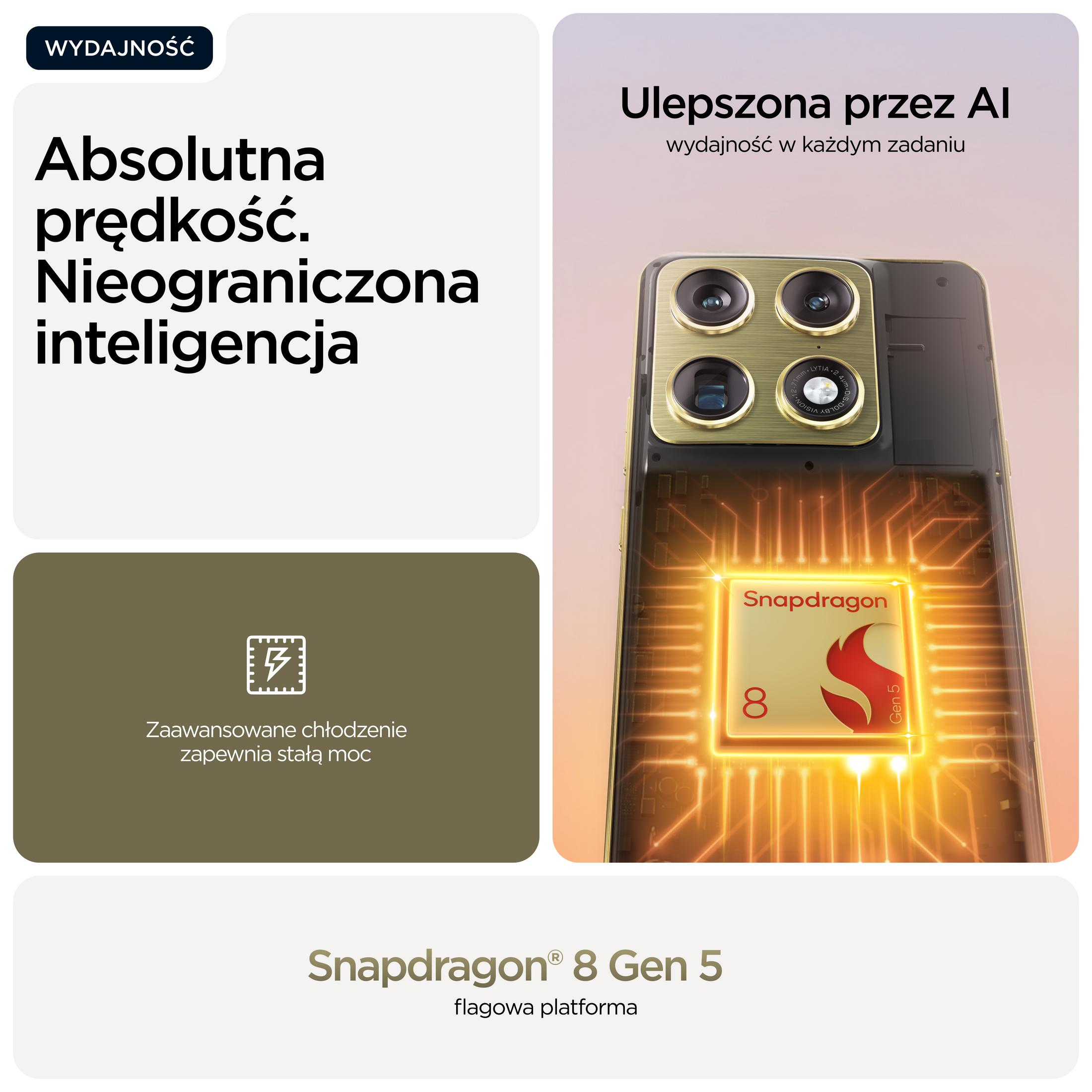 Smartphone con chip Snapdragon 8 Gen 5, potenziato da AI, per alte prestazioni e raffreddamento.