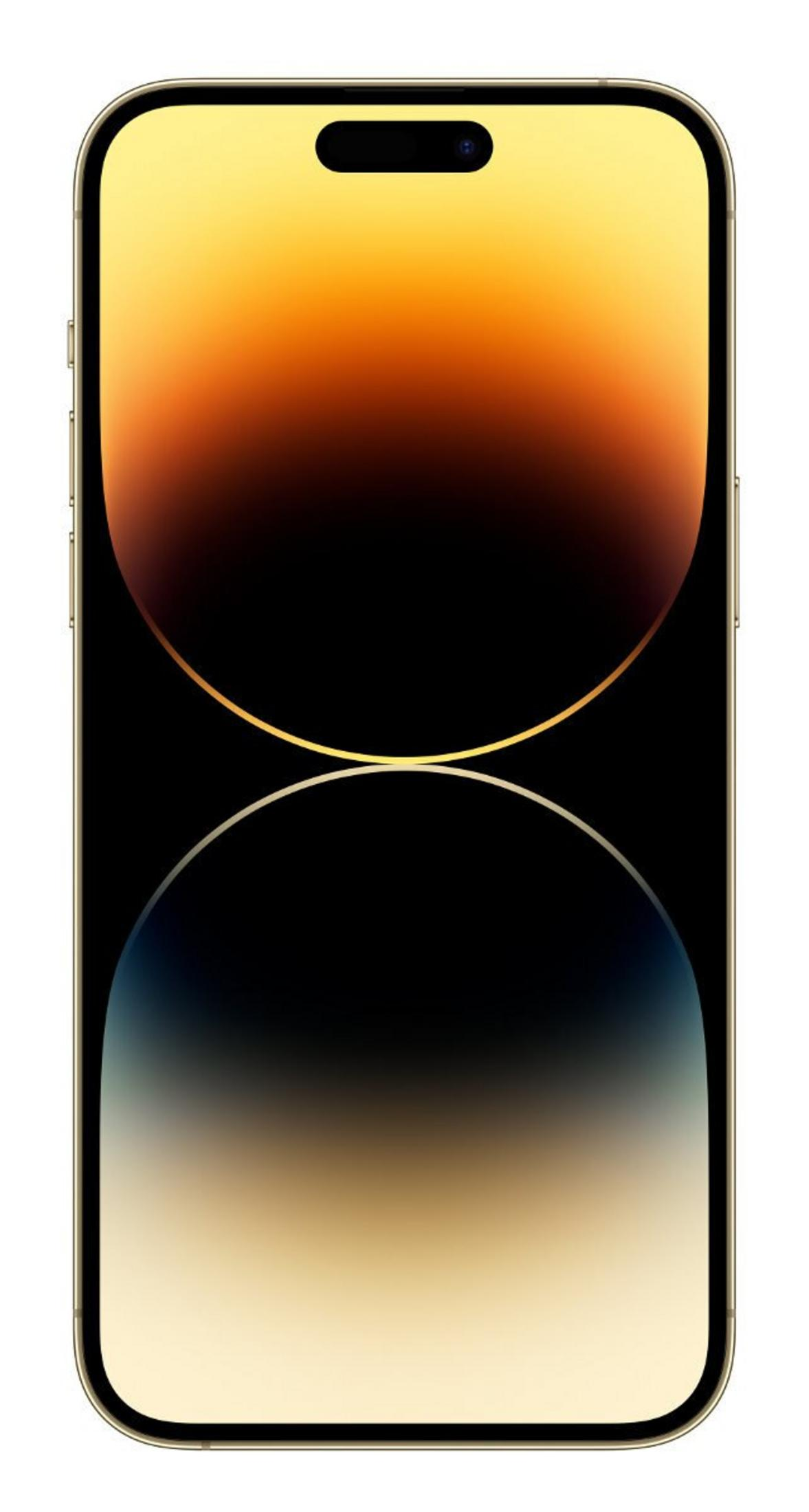 Złoty iPhone z czarnym ekranem z dynamiczną tapetą przedstawiającą abstrakcyjne, świecące złote i srebrne łuki.