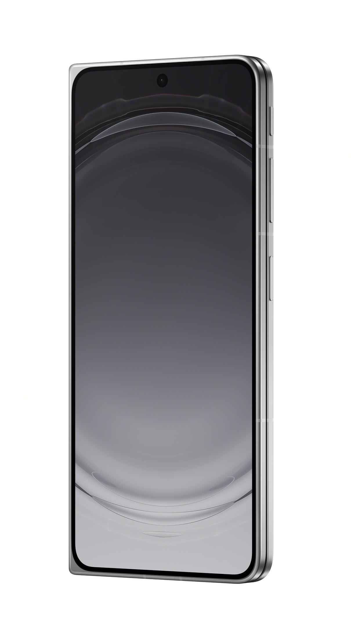Uno smartphone argentato con schermo grigio scuro e fotocamera frontale visibile, mostrato verticalmente su sfondo bianco.