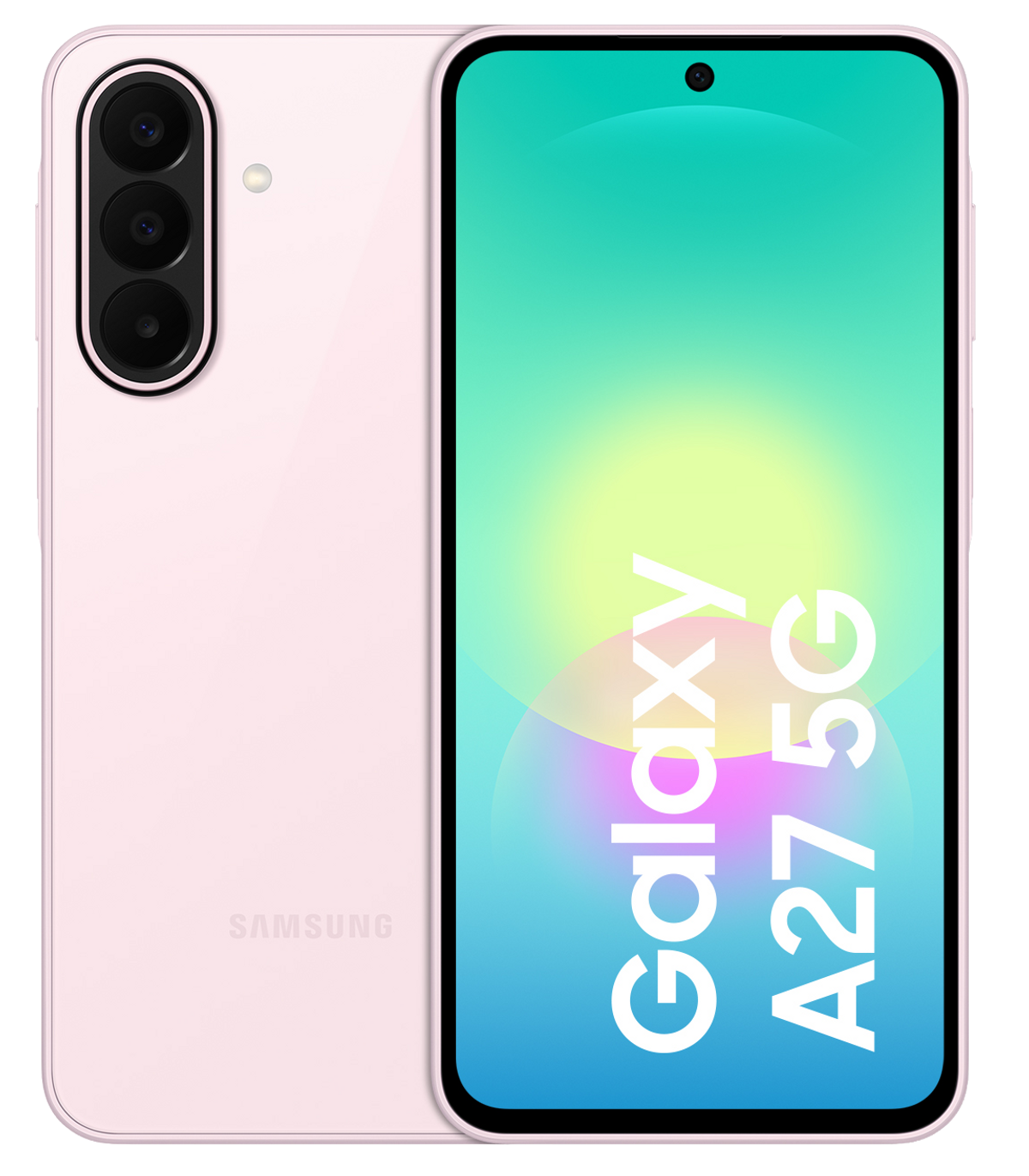 Un telefono Samsung Galaxy A27 5G rosa chiaro è mostrato. Il retro presenta tre fotocamere e un flash, mentre lo schermo visualizza "Galaxy A27 5G".