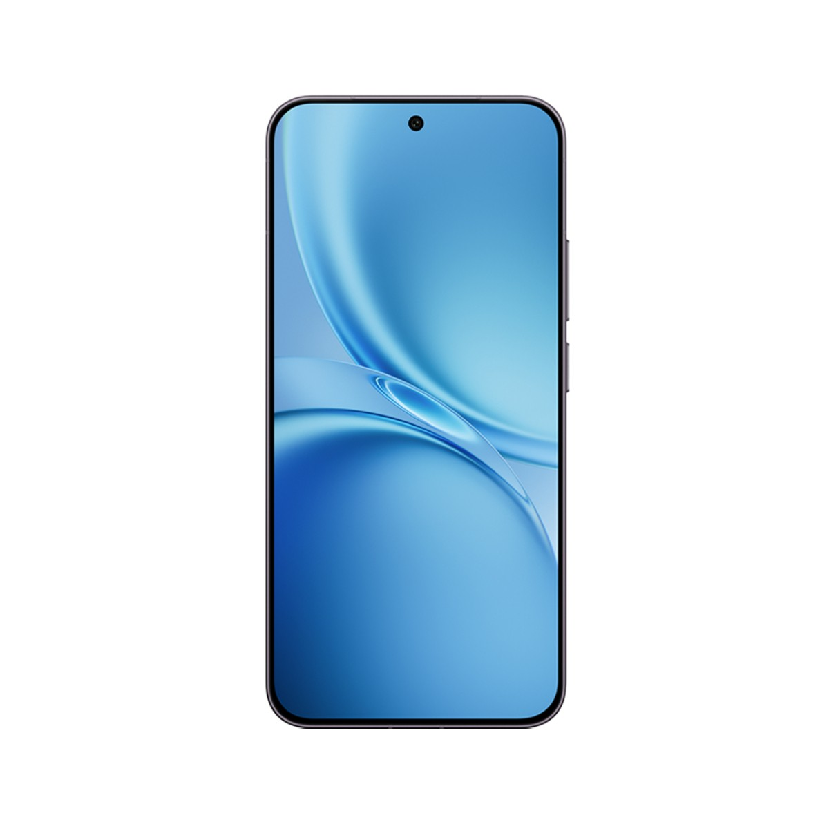 Uno smartphone moderno, cornice nera, con uno sfondo astratto blu brillante e viola, dotato di una piccola fotocamera a foro.