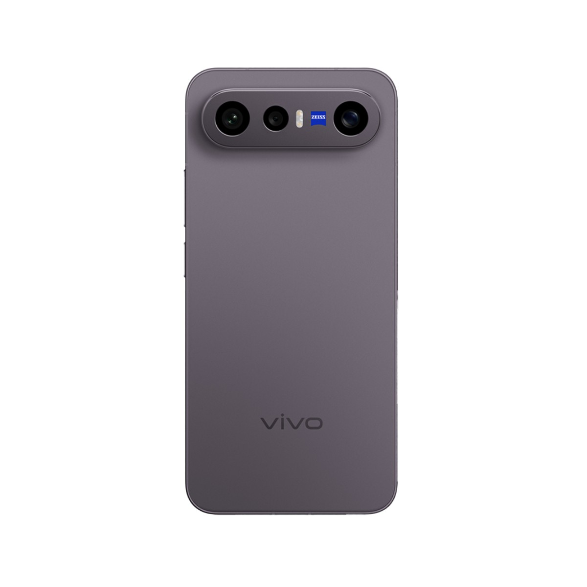 Uno smartphone grigio con tre obiettivi della fotocamera e un logo Zeiss sul retro, orientato verticalmente su uno sfondo bianco.