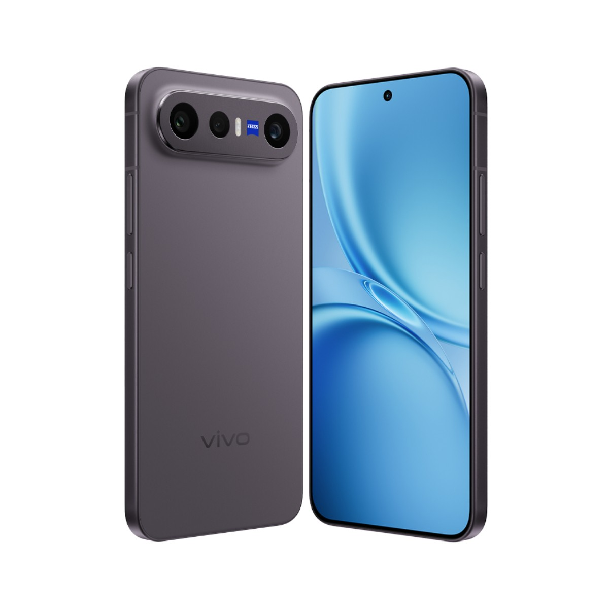 Uno smartphone grigio con tripla fotocamera e marchio ZEISS sul retro, posizionato accanto a un altro telefono con schermo blu.