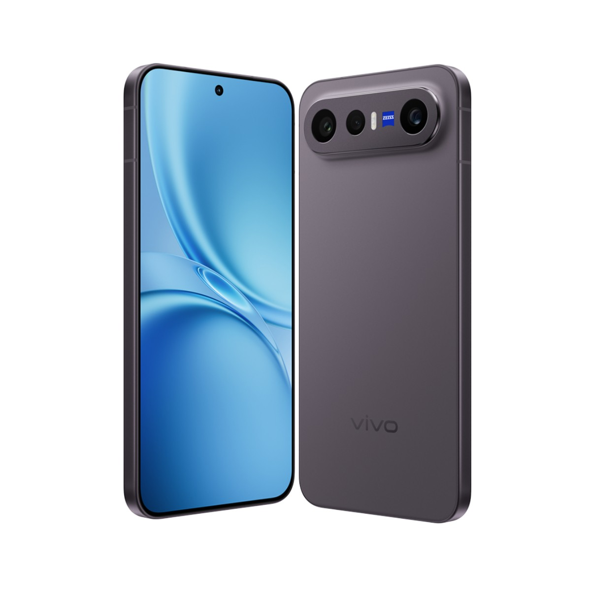 Uno smartphone grigio con schermo blu e tripla fotocamera posteriore, che mostra il logo "vivo".