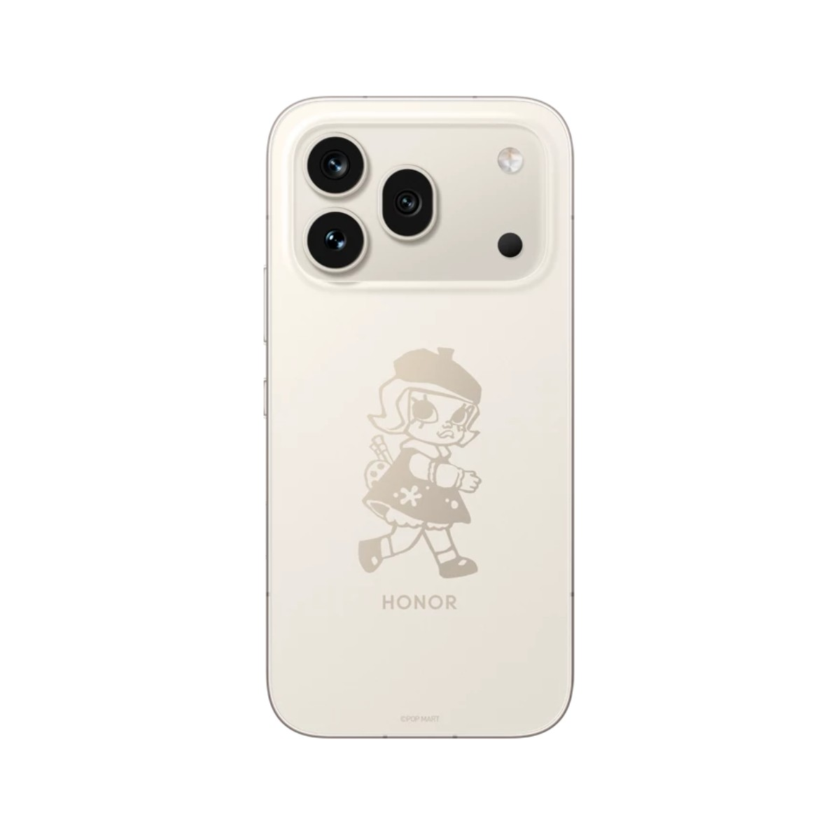 Uno smartphone beige chiaro con una ragazza dei cartoni animati e il logo HONOR.