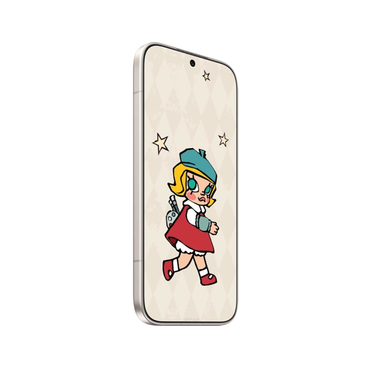 Un telefono che mostra una ragazza dei cartoni animati in vestito rosso e berretto blu.