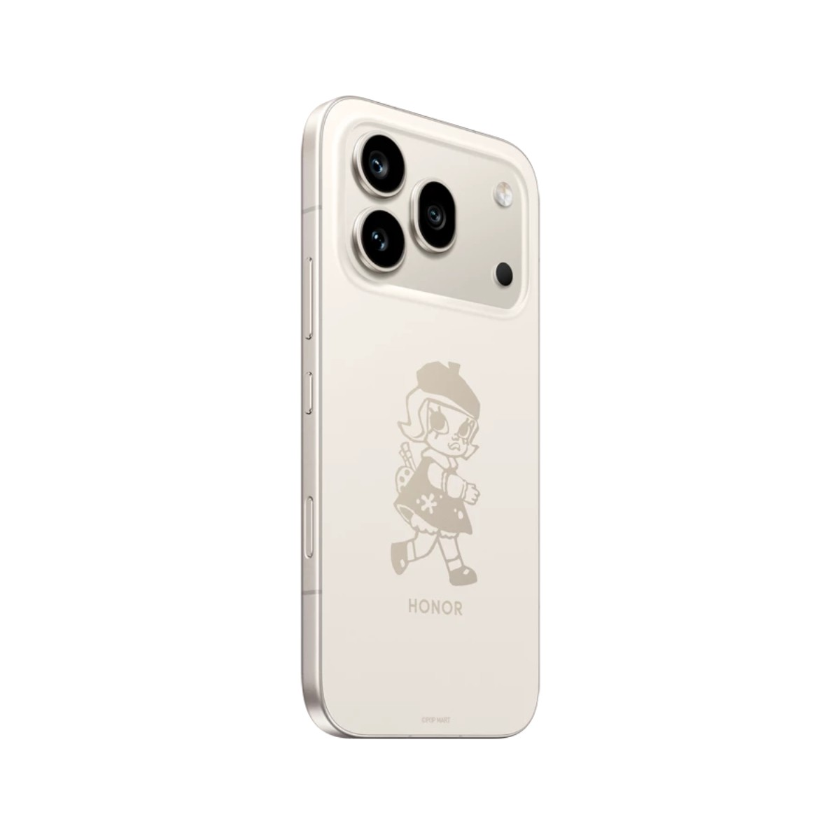 Uno smartphone color chiaro con stampa di ragazza dei cartoni animati e logo HONOR.