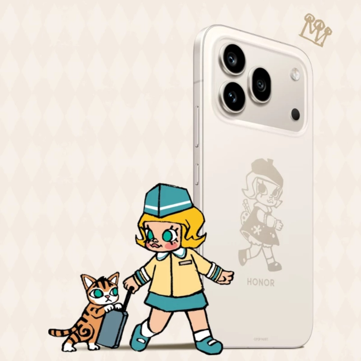 Bambina a fumetti in uniforme e gatto con valigia accanto a uno smartphone bianco con un personaggio inciso.