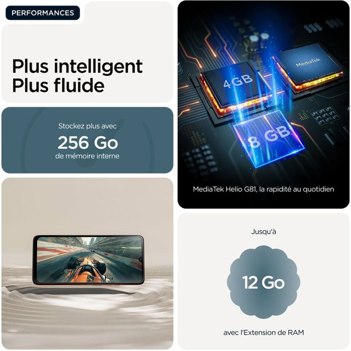 Un collage che mostra le caratteristiche di uno smartphone: testo "Plus intelligent Plus fluide", "256 Go" di memoria, chip "4GB" e "8GB", un telefono che mostra un gioco di corse e "12 Go" di RAM.
