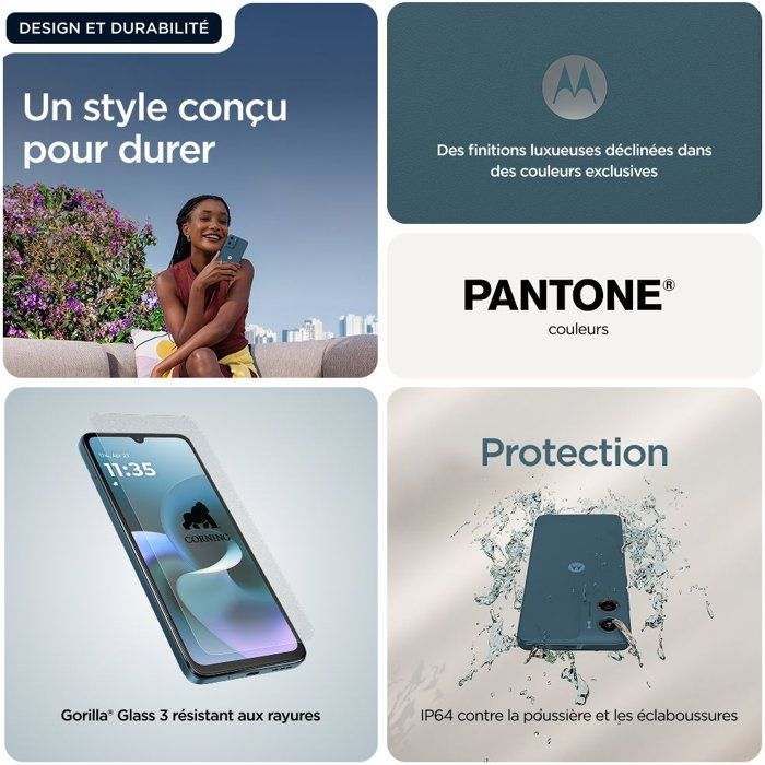 Un collage di quattro immagini: una donna con un telefono, un logo Motorola, un logo Pantone, un telefono con Gorilla Glass e un telefono schizzato d'acqua.