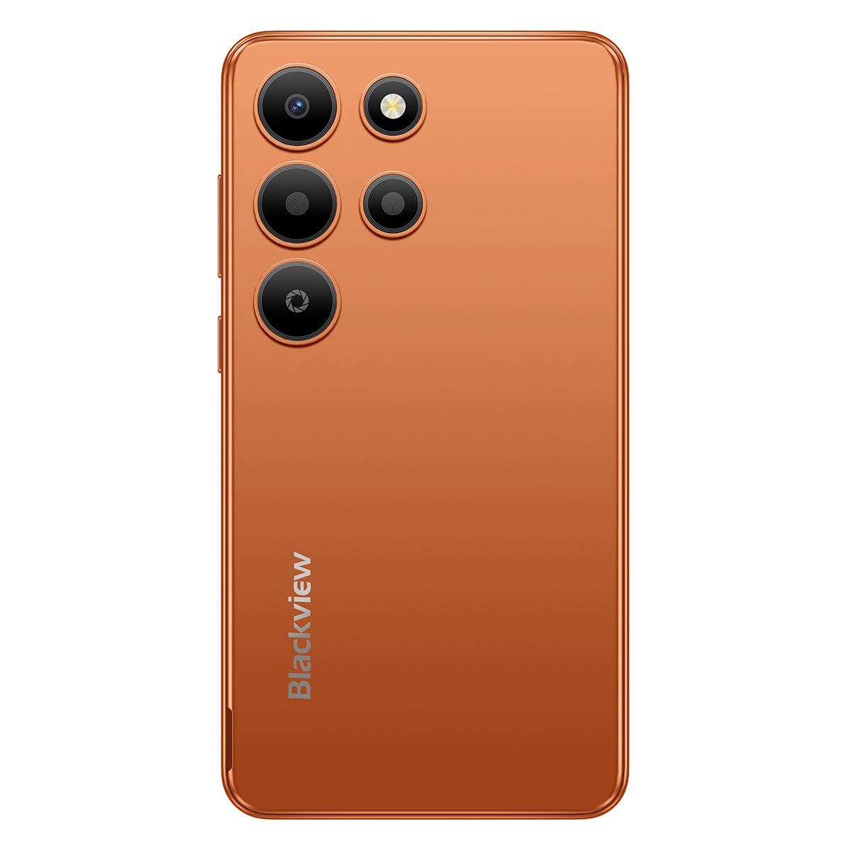Un primo piano del retro di uno smartphone arancione, con un sistema a tripla fotocamera e un flash. La scritta 'Blackview' è stampata in verticale.