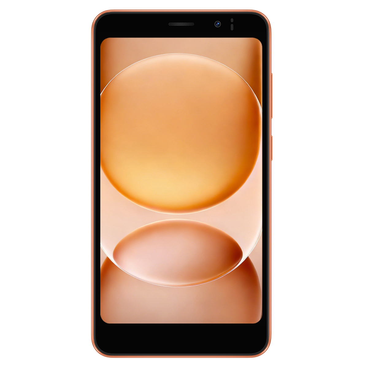 Uno smartphone color oro rosa con schermo nero e uno sfondo astratto dai toni caldi con due cerchi sfocati.
