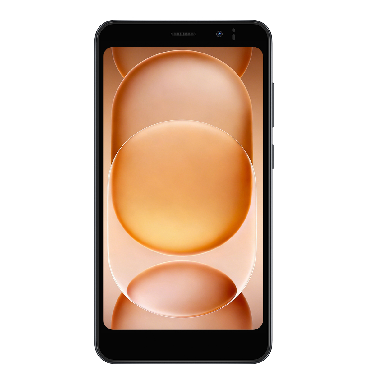 Uno smartphone nero con display a schermo intero che mostra cerchi astratti arancioni e beige, isolato su sfondo bianco.