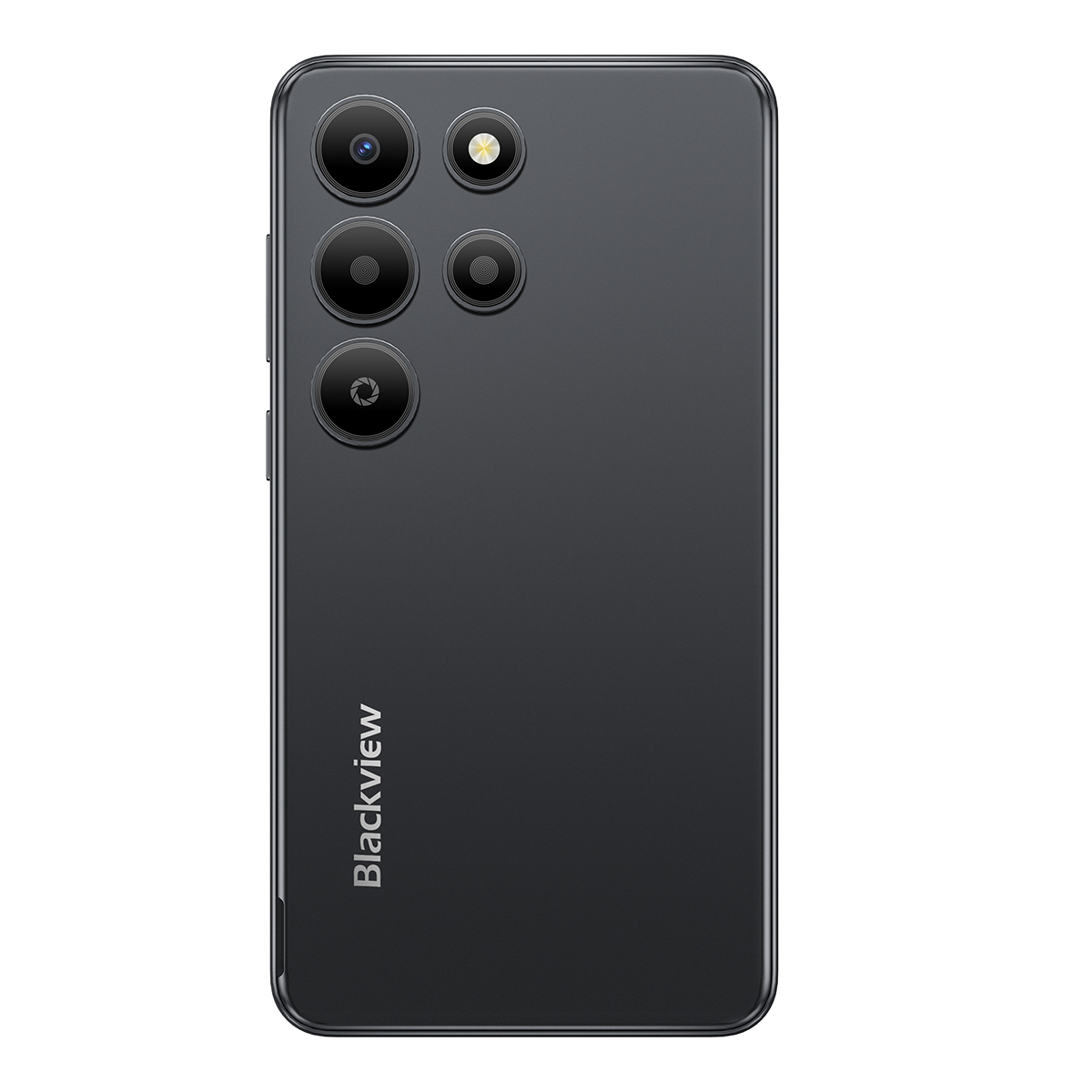 Retro di uno smartphone nero con quattro obiettivi e il logo Blackview.