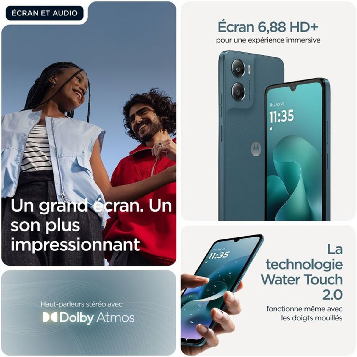 Un collage di quattro immagini: due persone che sorridono sotto un cielo blu, uno smartphone blu fronte e retro, un logo Dolby Atmos e una mano che tiene lo smartphone blu.