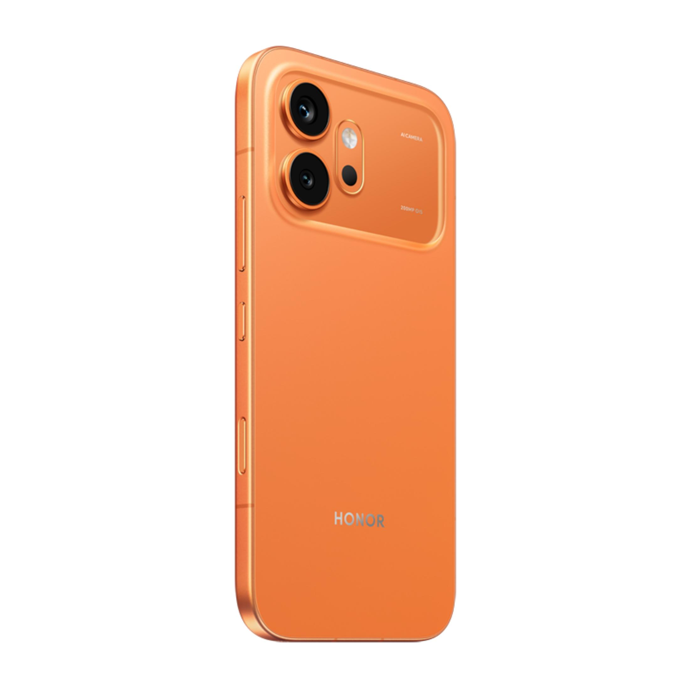 Un smartphone naranja vibrante, visto desde un ángulo de 3/4, mostrando su diseño elegante y su configuración de doble cámara sobre un fondo blanco.