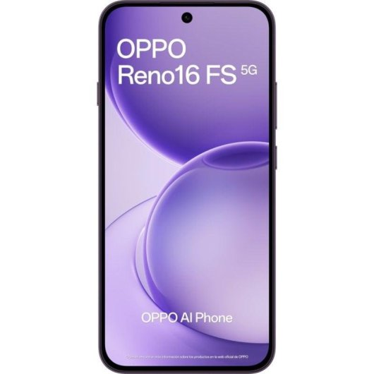 Uno smartphone OPPO Reno16 FS 5G su sfondo viola.