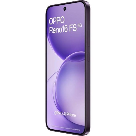 Un OPPO Reno16 FS 5G AI Phone viola scuro è inclinato, mostrando il suo schermo con un design astratto viola e loghi del marchio.