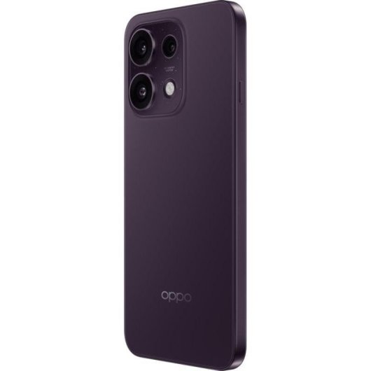 Uno smartphone viola è angolato per mostrare il retro e il lato, con una configurazione a doppia fotocamera con flash e il logo Oppo.