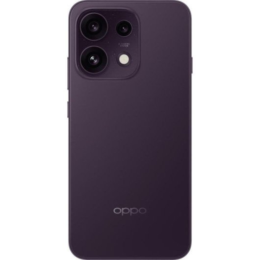 Uno smartphone viola scuro è mostrato verticalmente su uno sfondo bianco, con il modulo fotocamera e il logo OPPO.