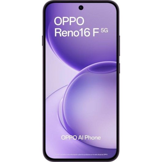 Uno smartphone nero con display a sfondo viola mostra il testo "OPPO Reno16 F 5G" e "OPPO AI Phone".