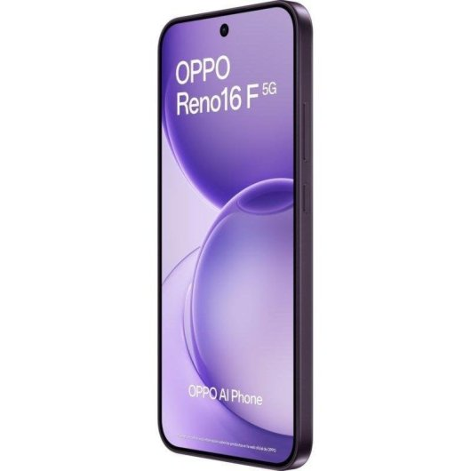 Uno smartphone nero, OPPO Reno16 F 5G, con uno schermo dai toni viola che mostra motivi circolari, è mostrato angolato.