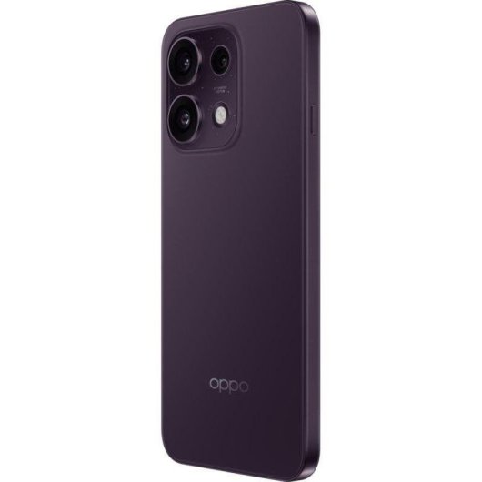 Telefono viola scuro con modulo fotocamera e logo OPPO, vista laterale.