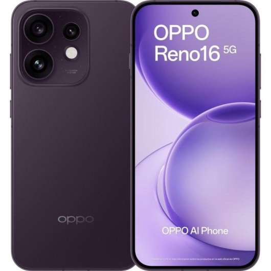 Uno smartphone OPPO Reno16 5G viola è mostrato dal retro e dal fronte, con "OPPO AI Phone" sullo schermo.