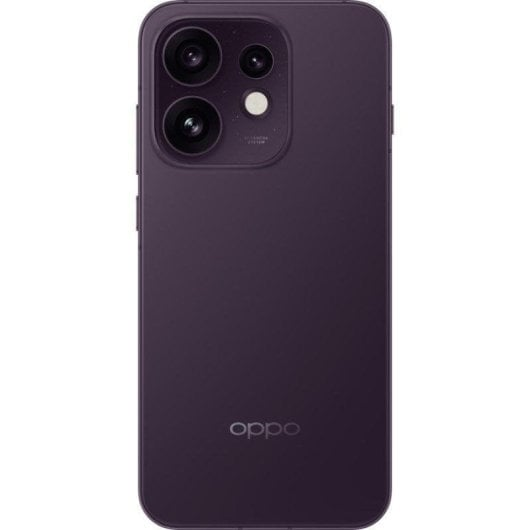 Vista posteriore di uno smartphone viola scuro con un modulo fotocamera quadrato che presenta due lenti grandi e una piccola.