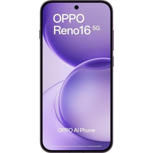 Uno smartphone nero con schermo viola che mostra "OPPO Reno16 5G" e "OPPO AI Phone".