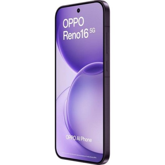 Uno smartphone viola, l'OPPO Reno 16 5G, è inclinato a destra, mostrando uno sfondo astratto viola e bianco.