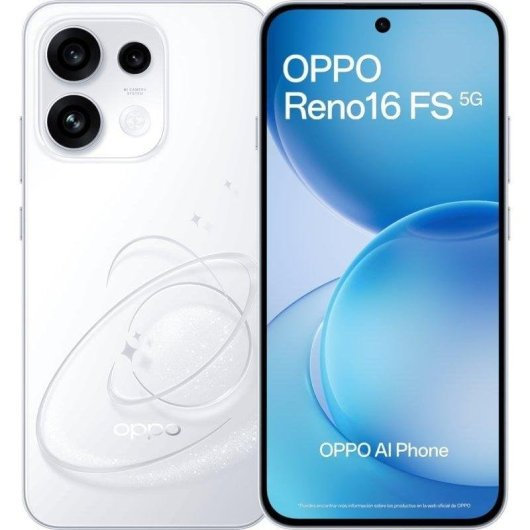 Uno smartphone OPPO Reno16 FS 5G bianco, vista frontale e posteriore. Il retro ha un design circolare e doppie fotocamere.