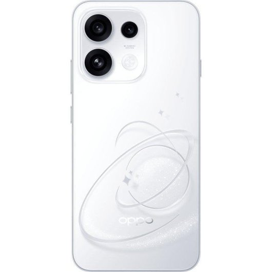 Uno smartphone bianco con quattro fotocamere nell'angolo in alto a sinistra. Il retro presenta sottili motivi scintillanti e vorticosi.