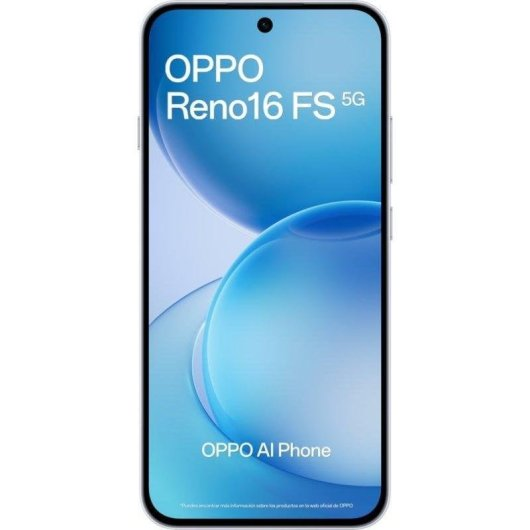 Uno smartphone bianco con 'OPPO Reno16 FS 5G' e 'OPPO AI Phone' visualizzati su uno schermo sfumato blu-bianco.