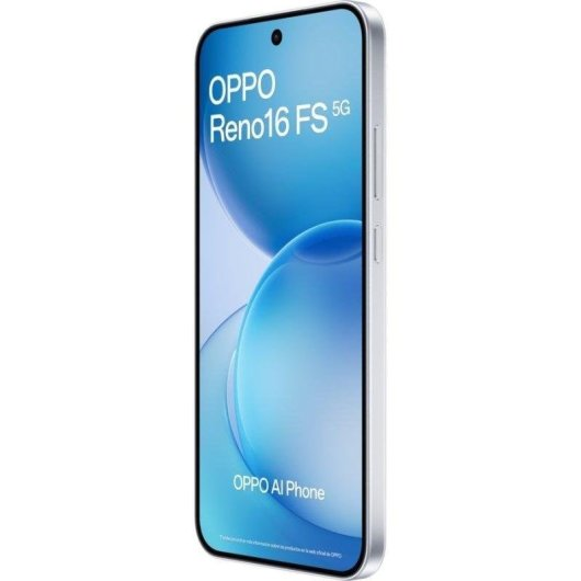 Un telefono AI OPPO Reno16 FS 5G argentato con schermo azzurro che mostra motivi circolari astratti è angolato su uno sfondo bianco.