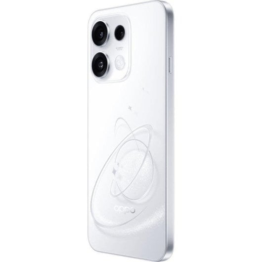 Uno smartphone bianco con sistema a doppia fotocamera sul retro, caratterizzato da un sottile design planetario con anelli e il logo OPPO.