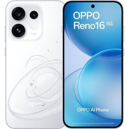 Un telefono OPPO Reno16 5G AI bianco mostrato da dietro e davanti con uno schermo astratto blu e bianco.