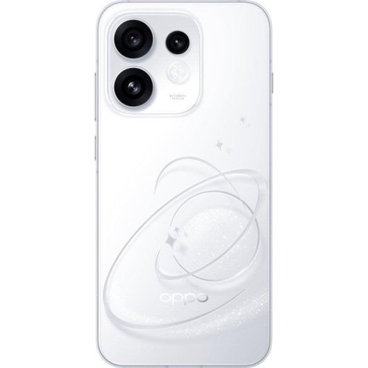 Uno smartphone bianco con una configurazione a quattro fotocamere in alto a sinistra e un sottile design circolare con glitter in basso.