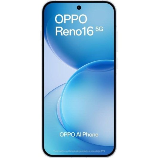Uno smartphone OPPO Reno16 5G AI bianco con uno sfondo astratto blu e bianco e una piccola fotocamera punch-hole.