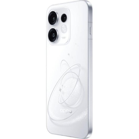 Uno smartphone bianco con cornice argentata, due grandi obiettivi della fotocamera e un design planetario scintillante sul retro.