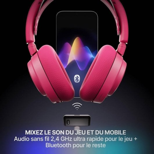 Cuffie wireless rosa connesse a uno smartphone che mostra onde sonore e un'icona Bluetooth, con un dongle USB nero sotto.