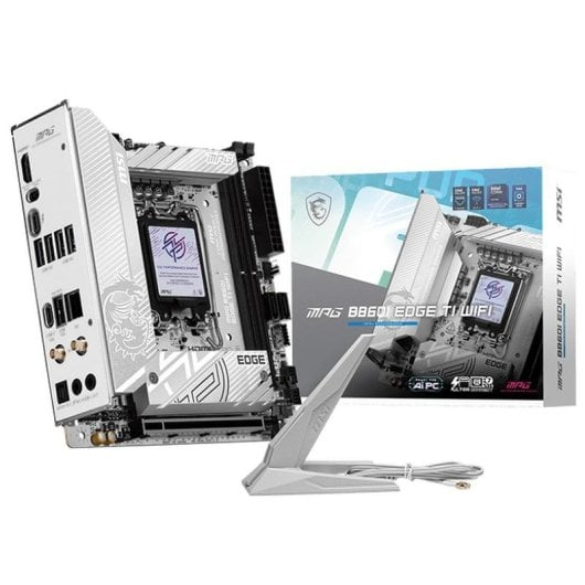 Una scheda madre MSI MPG B860I Edge TI WiFi bianca con la sua scatola e un'antenna WiFi bianca.