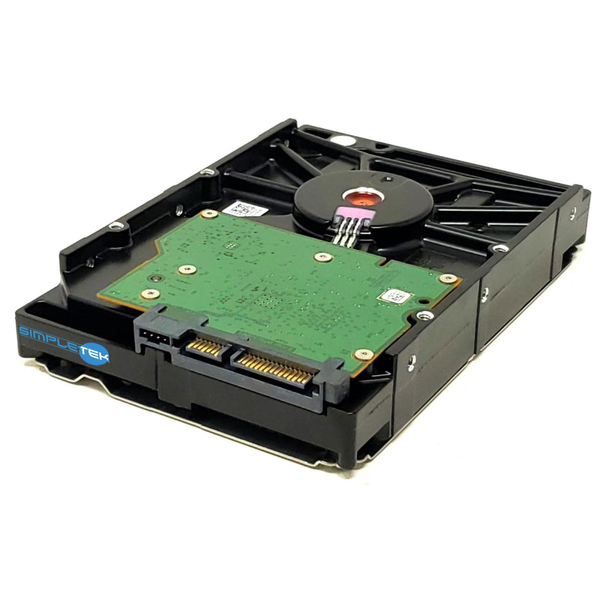 Un hard disk del computer nero con un circuito stampato verde e connettori SATA.